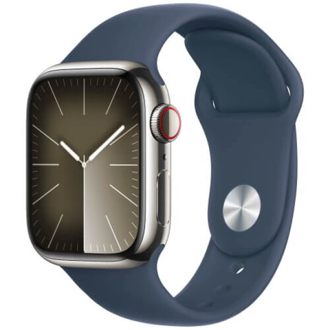 Apple Watch Series 9 GPS + Cellular 41mm Silver Stainless Steel with Storm Blue Sport Band S/M (MRJ23)