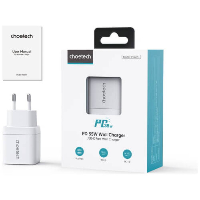 Зарядний пристрій Choetech 35W GaN Dual USB-C Display Wall Charger White (PD6051-WH)