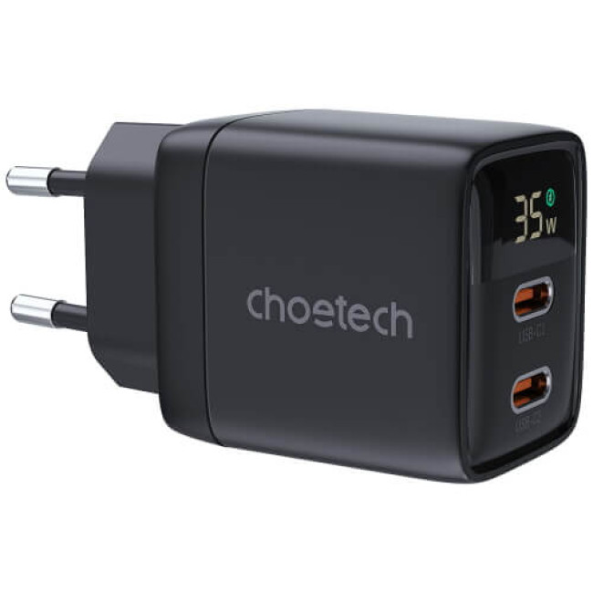 Зарядний пристрій Choetech 35W GaN Dual USB-C Display Wall Charger Black (PD6051-BK)
