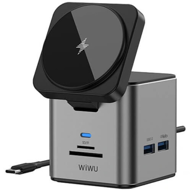 Бездротове ЗУ WIWU Cube Hub Wireless Charger 9in1 USB-C to3xUSB3.0+HDMI+RJ45+SD/MicroSDPD 100W Grey (Wi-W025)