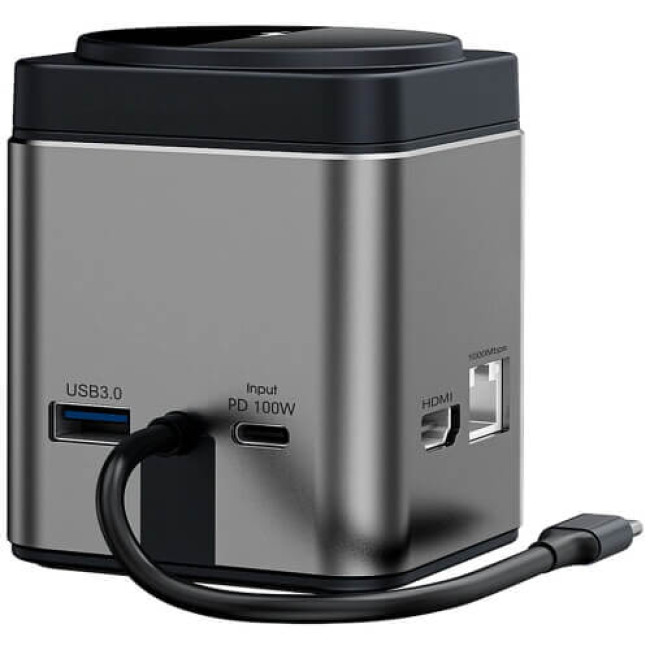 Бездротове ЗУ WIWU Cube Hub Wireless Charger 9in1 USB-C to3xUSB3.0+HDMI+RJ45+SD/MicroSDPD 100W Grey (Wi-W025)